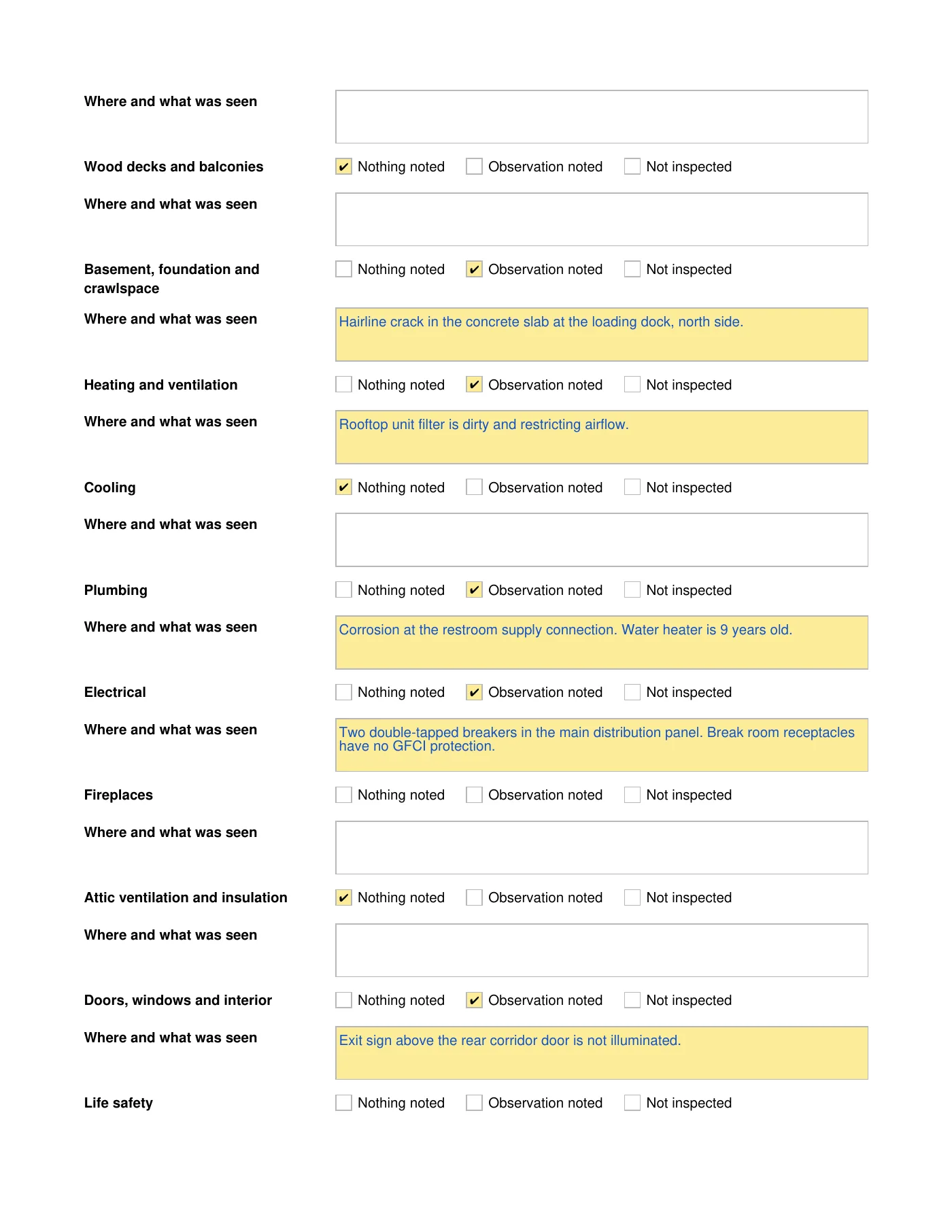 Page two of the commercial property inspection checklist, filled in with example observations for the foundation, heating, plumbing, electrical and interior.