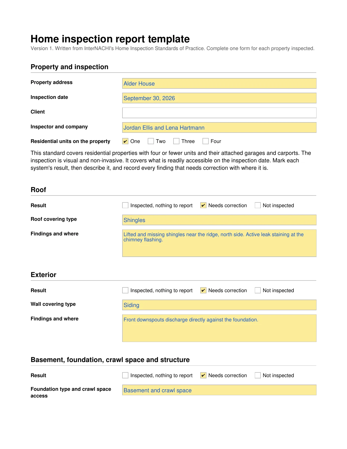 Page one of the home inspection report template, filled in with example findings for the roof, the exterior and the foundation.