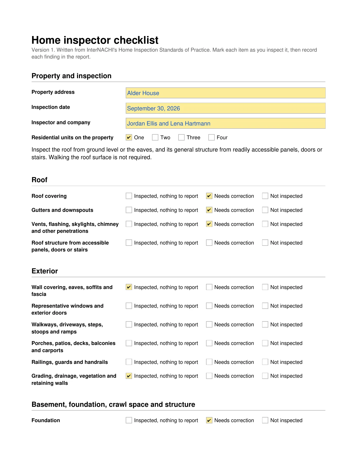 Page one of the home inspector checklist, filled in with example results for the roof, the exterior and the foundation.