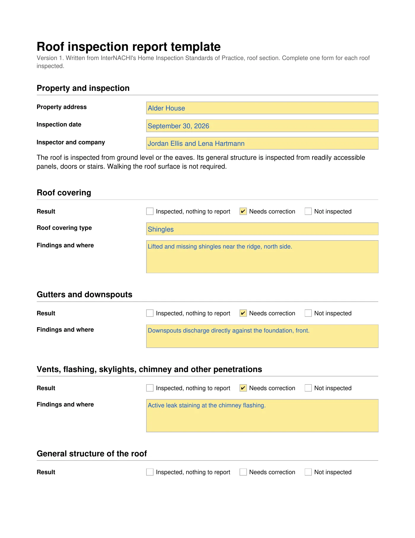 Page one of the roof inspection report template, filled in with example findings for the roof covering, the downspouts and the chimney flashing.