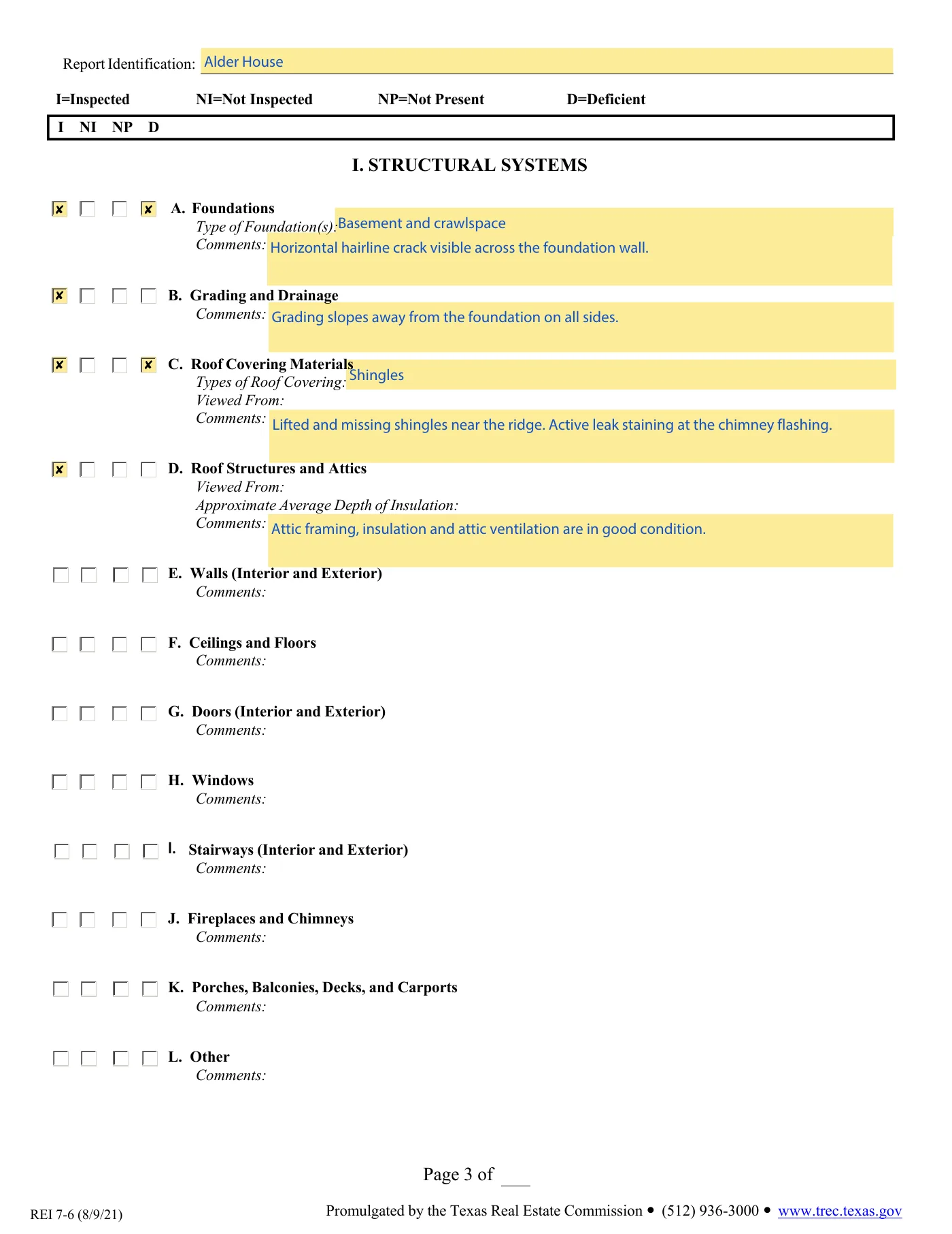 Page 3 of a filled TREC REI 7-6 form, the Structural Systems section, with sample entries for foundations, grading, roof covering and roof structures and attics.