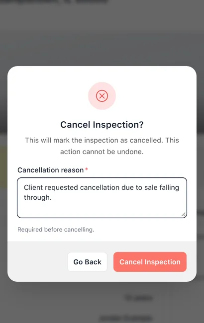Inspection details with Cancel dialog and reason filled