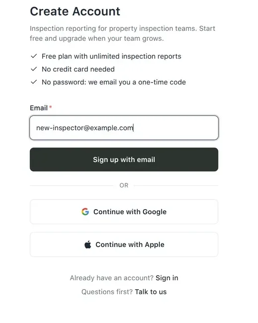 Create Account screen with email field, sign-up button and Google and Apple options