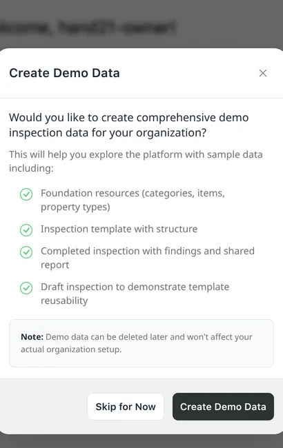 Welcome checklist with Create Demo Data dialog listing sample data