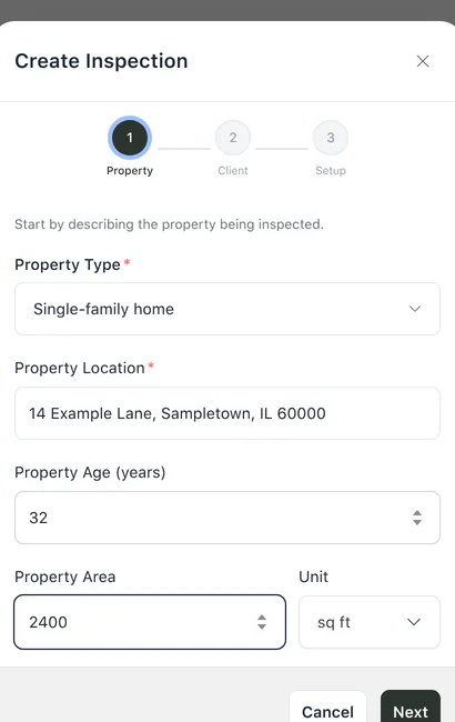 Create Inspection dialog on Property step with example property filled
