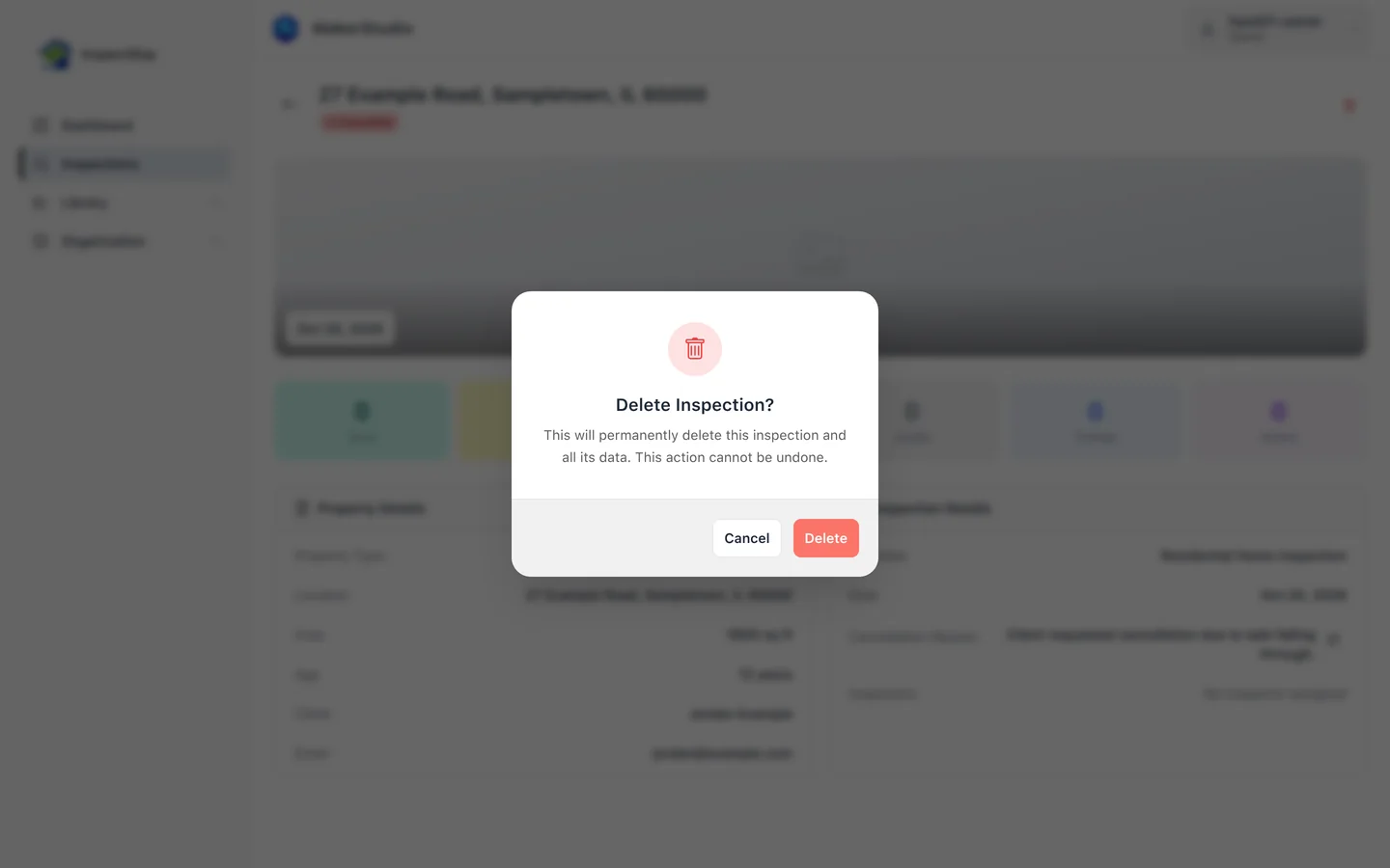 Inspection details with Delete confirmation dialog