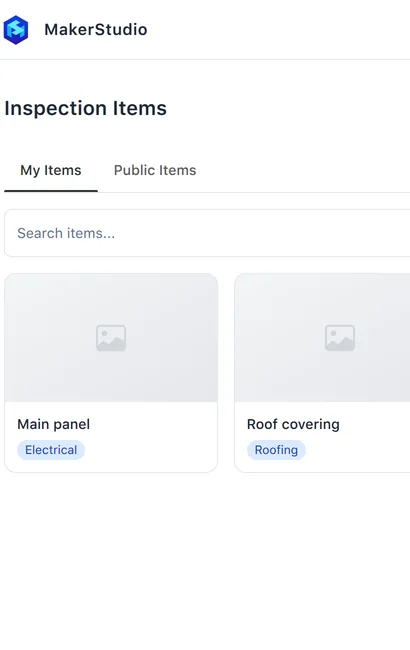 Inspection Items list with Foundation, Roof covering and Main panel