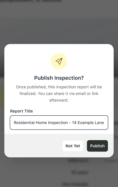 Inspection details with Publish dialog and report title filled
