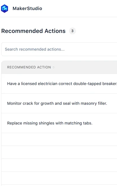Recommended Actions list with monitor, replace and electrician actions