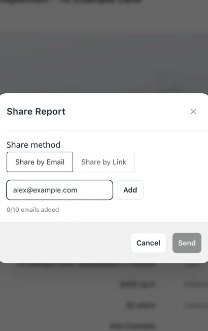 Share Report dialog on Share by Email with client email filled