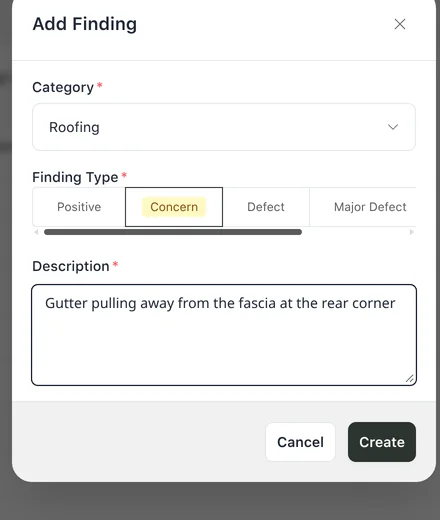 Add Finding dialog with Roofing as the category, Concern as the finding type and a gutter description filled in