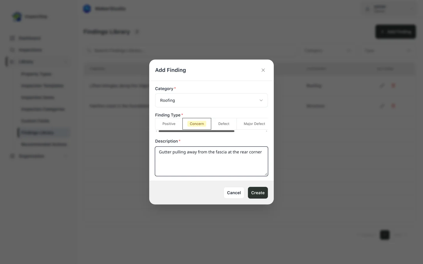 Add Finding dialog with Roofing as the category, Concern as the finding type and a gutter description filled in