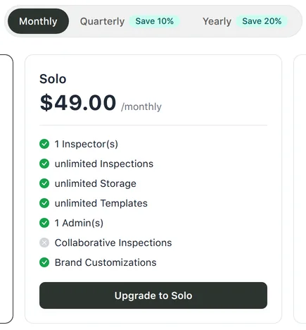 Billing Plan Pricing tab with the Monthly, Quarterly and Yearly toggle above the Solo card at $49.00 a month and the Team card at $149.00 a month, each with its upgrade button
