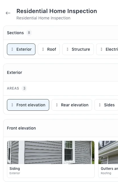 Residential Home Inspection template in the InspectDay web app, with eight sections, the Exterior areas and the Front elevation items