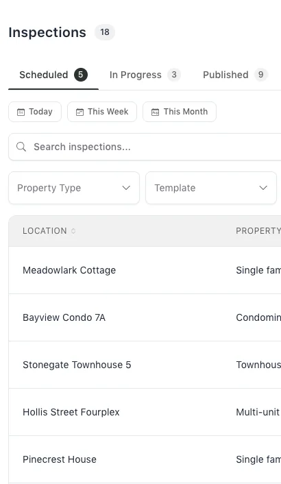 InspectDay inspections list on the Scheduled tab, with five upcoming inspections and their property types, dates and template