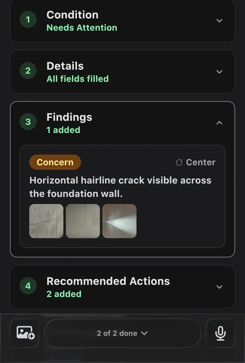Native InspectDay app on an item: condition Needs Attention, a Concern finding about a hairline crack with three photos, and two recommended actions