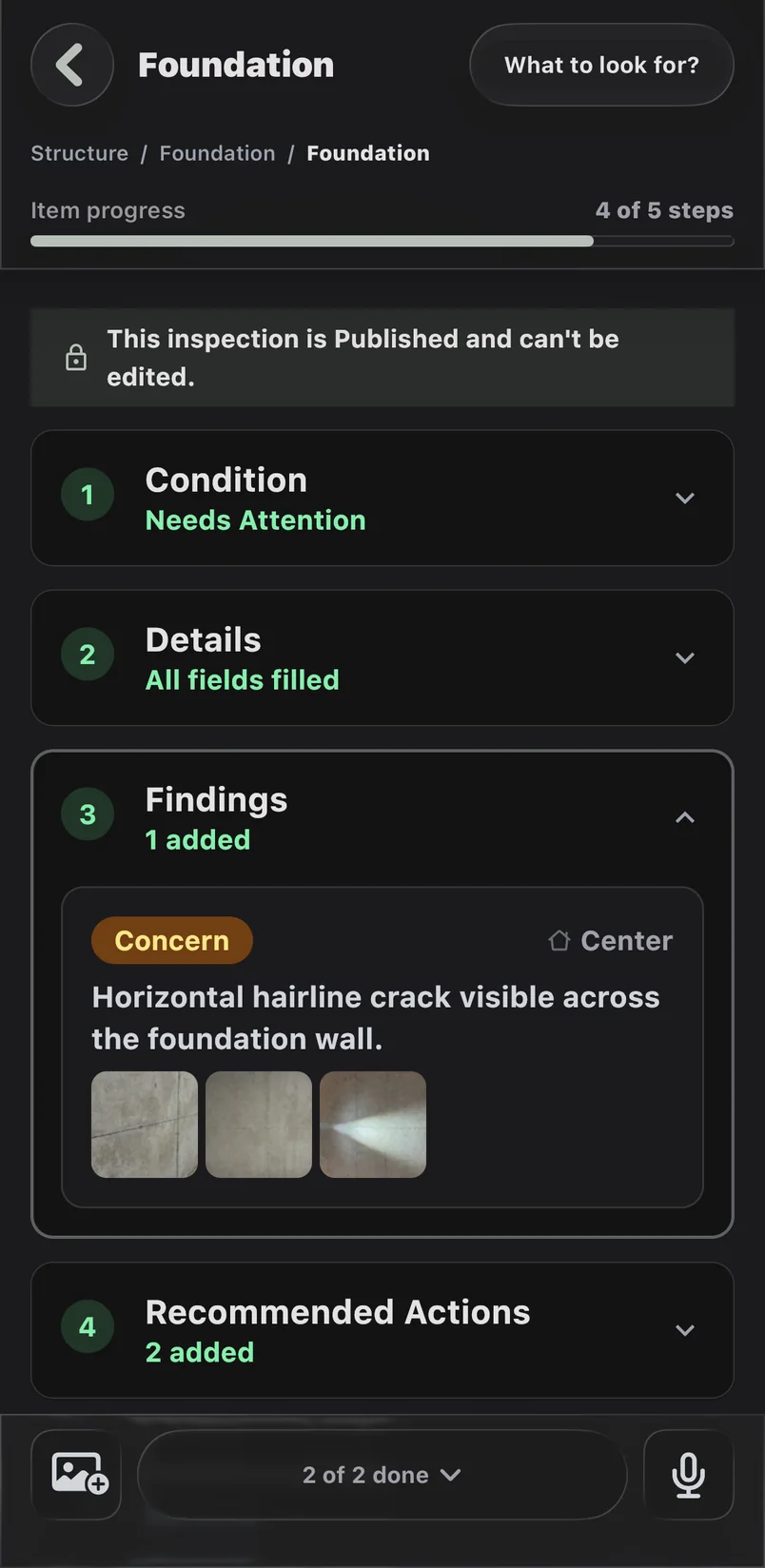 Native InspectDay app on the Foundation item: condition Needs Attention, a Concern finding about a hairline crack with three photos, and two recommended actions