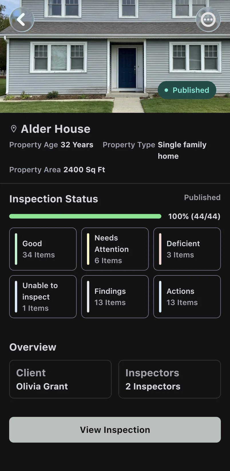 Native InspectDay app on the Alder House property, with its cover photo, property details and 44 of 44 items counted by condition