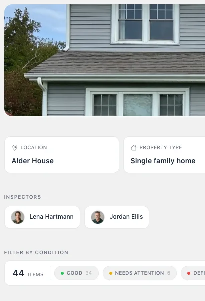 Published InspectDay report for Alder House, with a contents list, cover photo, property details, two inspectors and the condition filter