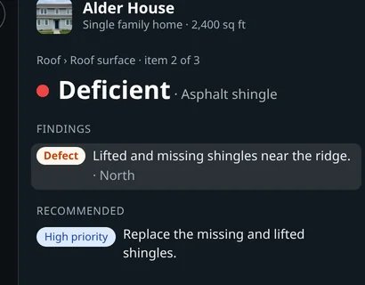 Published report with Roof covering open, rated Deficient, with a Defect finding on the north, three photos and a recommended action to replace the shingles marked High priority
