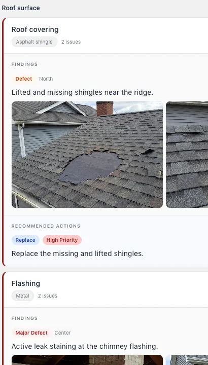 Published report filtered to Deficient: Roof covering and Flashing, each with a finding, its severity, two photos and a recommended action