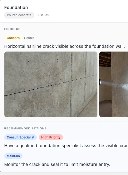 Published report filtered to Needs Attention: the Foundation item with a Concern finding, three photos of the crack, and two recommended actions