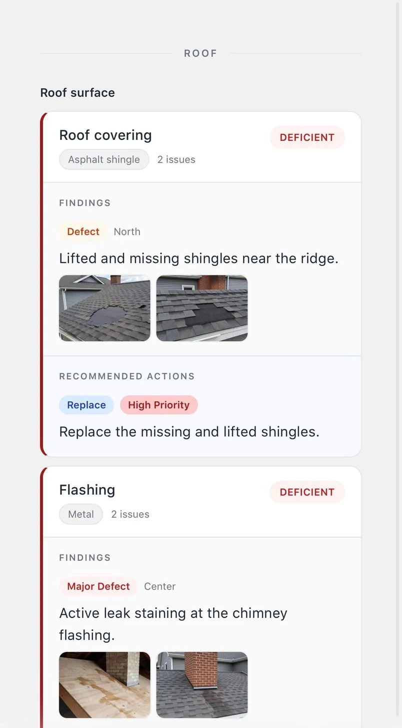 The report in a phone browser filtered to Deficient: Roof covering and Flashing with their findings, photos and recommended action