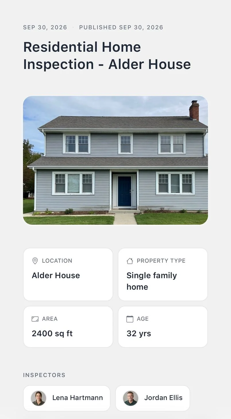 The Alder House report in a phone browser, with its title, cover photo, property details and inspectors