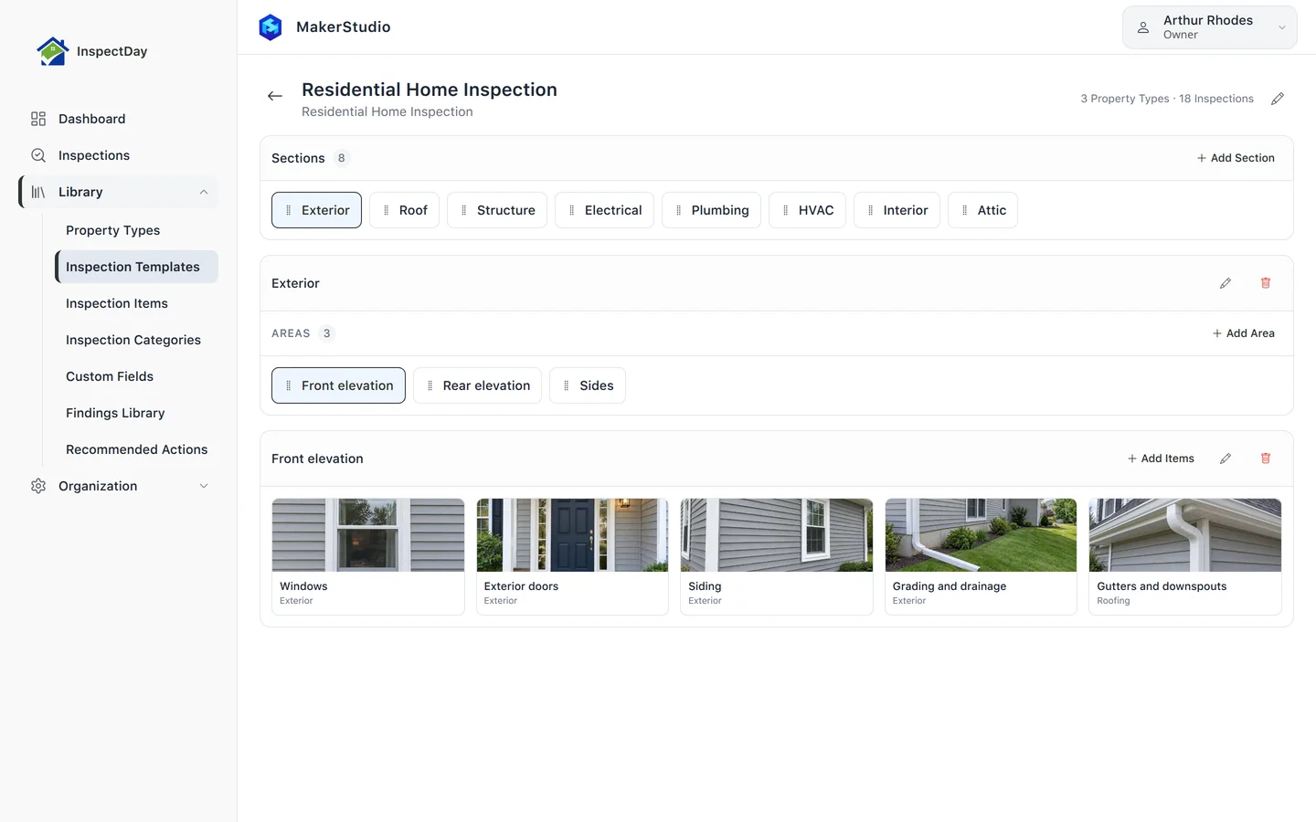 Residential Home Inspection template in the InspectDay web app, with eight sections, the Exterior areas and the Front elevation items