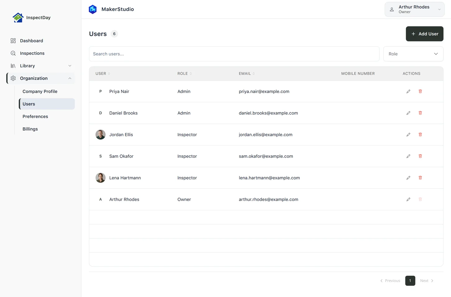 InspectDay Users page listing six people and their roles: one Owner, two Admins and three Inspectors